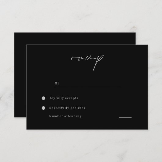 Moderne minimalistische zwarte bruiloft RSVP kaartje (Voorkant / Achterkant)