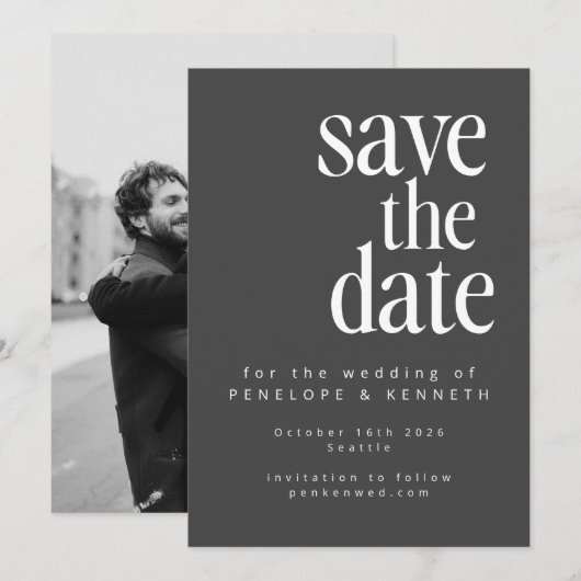 Moderne, minimalistische zwarte, eenvoudige foto-b save the date (Voorkant / Achterkant)