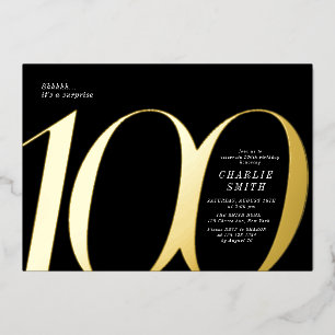 Moderne, minimalistische zwarte en gouden 100e ver folie uitnodiging