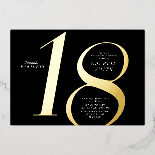Moderne, minimalistische zwarte en gouden 18e verj folie uitnodiging (Voorkant)