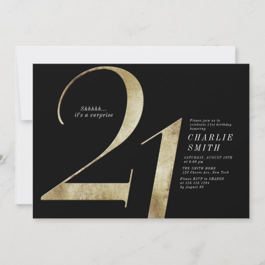 Moderne, minimalistische zwarte en gouden 21ste ve kaart (Voorkant)