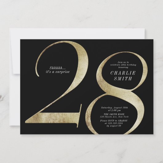 Moderne, minimalistische zwarte en gouden 28ste ve kaart (Voorkant)