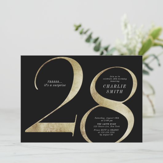 Moderne, minimalistische zwarte en gouden 28ste ve kaart (Staand voorkant)