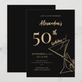 Moderne, minimalistische zwarte en gouden 50ste ve kaart (Voorkant / Achterkant)