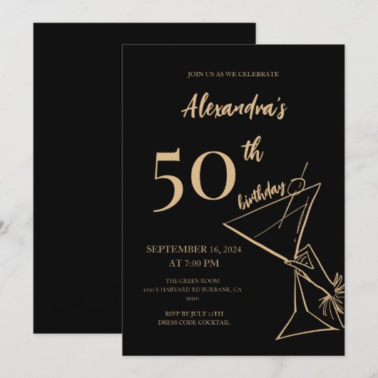 Moderne, minimalistische zwarte en gouden 50ste ve kaart (Voorkant / Achterkant)