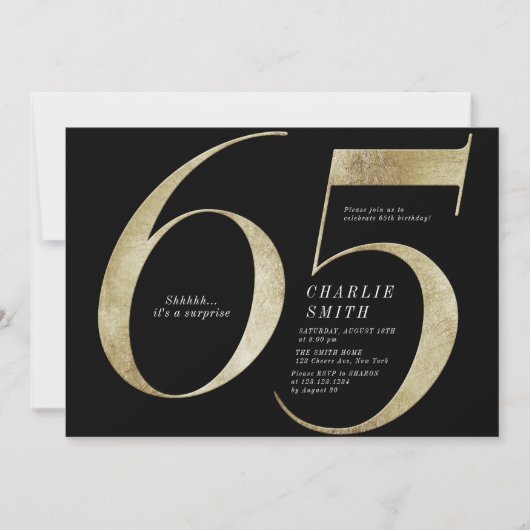 Moderne, minimalistische zwarte en gouden 65ste ve kaart (Voorkant)