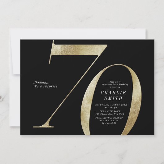 Moderne, minimalistische zwarte en gouden 70ste ve kaart (Voorkant)