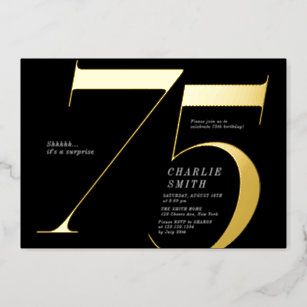 Moderne, minimalistische zwarte en gouden 75ste ve folie uitnodiging