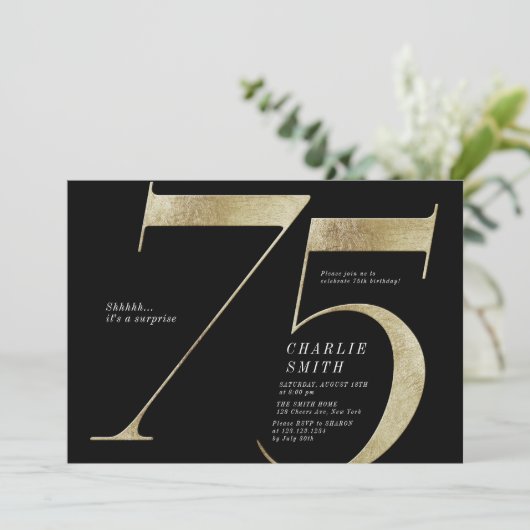 Moderne, minimalistische zwarte en gouden 75ste ve kaart (Staand voorkant)
