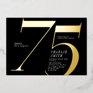 Moderne minimalistische zwarte en gouden 75ste ver folie uitnodiging