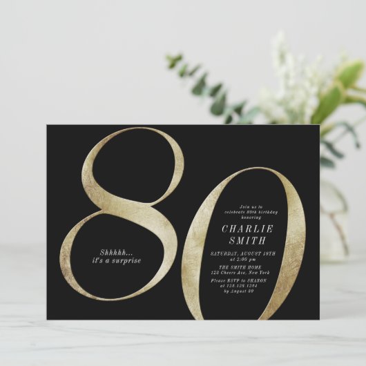Moderne, minimalistische zwarte en gouden 80ste ve kaart (Staand voorkant)