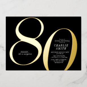 Moderne minimalistische zwarte en gouden 80ste ver folie uitnodiging