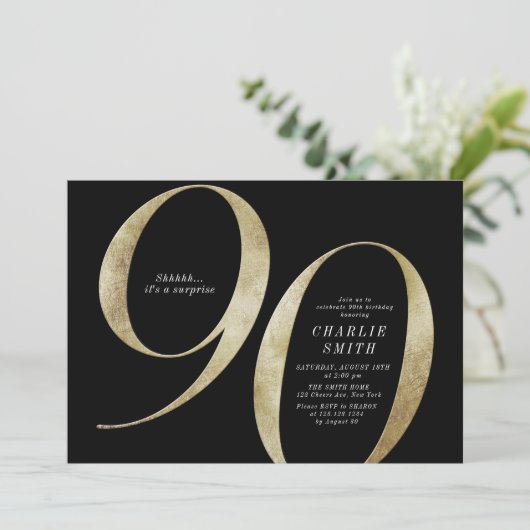 Moderne, minimalistische zwarte en gouden 90ste ve kaart (Staand voorkant)