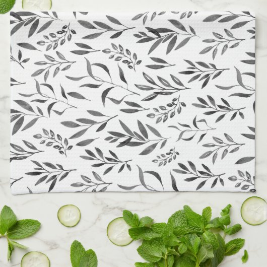 Moderne minimalistische zwarte en witte bladeren  theedoek (Gevouwen)