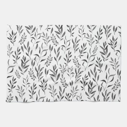 Moderne minimalistische zwarte en witte bladeren  theedoek (Horizontaal)