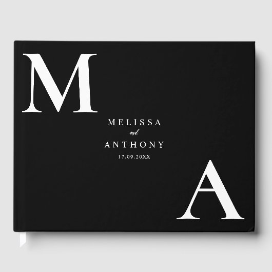 Moderne minimalistische zwarte en witte bruiloft gastenboek (Voorkant)