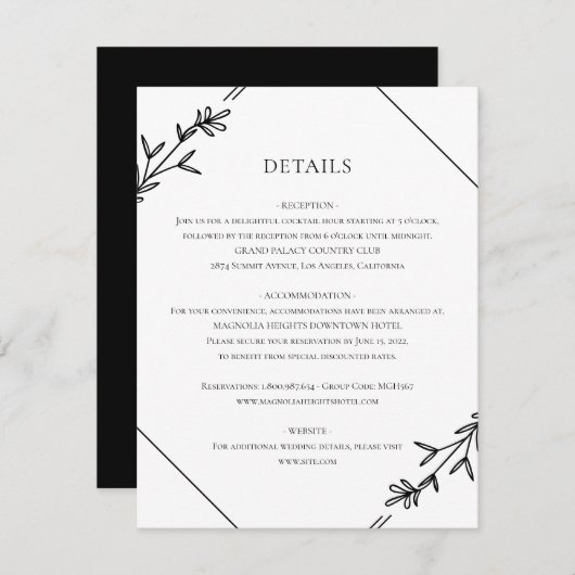 Moderne minimalistische zwarte en witte bruiloft informatiekaartje (Voorkant / Achterkant)