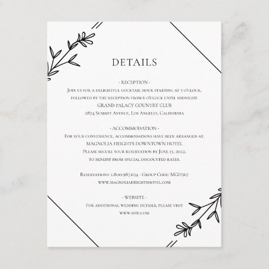 Moderne minimalistische zwarte en witte bruiloft informatiekaartje (Voorkant)