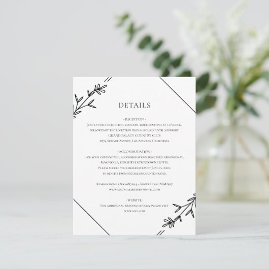 Moderne minimalistische zwarte en witte bruiloft informatiekaartje (Staand voorkant)