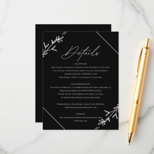 Moderne minimalistische zwarte en witte bruiloft informatiekaartje (Voorkant / Achterkant in situ)