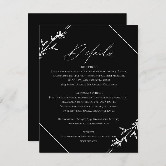 Moderne minimalistische zwarte en witte bruiloft informatiekaartje (Voorkant / Achterkant)