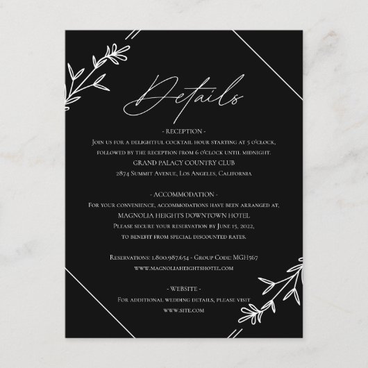 Moderne minimalistische zwarte en witte bruiloft informatiekaartje (Voorkant)