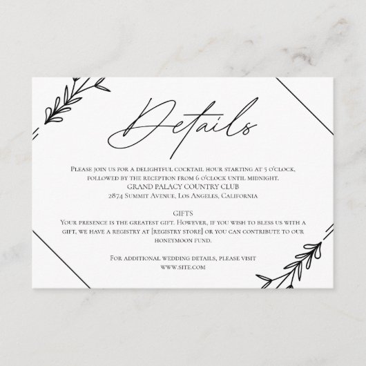 Moderne Minimalistische Zwarte en Witte Bruiloft Informatiekaartje (Voorkant)