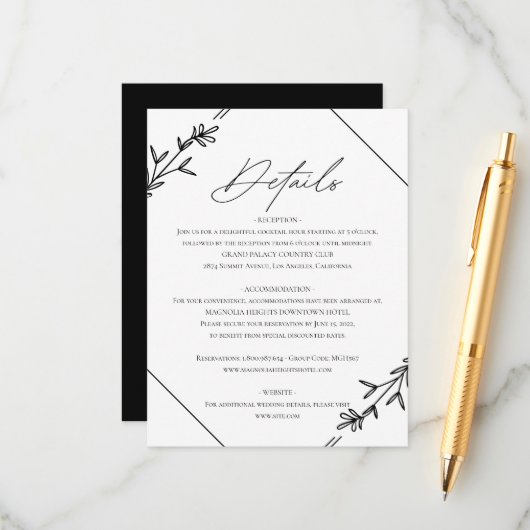 Moderne minimalistische zwarte en witte bruiloft informatiekaartje (Voorkant / Achterkant in situ)