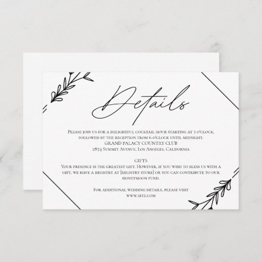 Moderne minimalistische zwarte en witte bruiloft informatiekaartje (Voorkant / Achterkant)