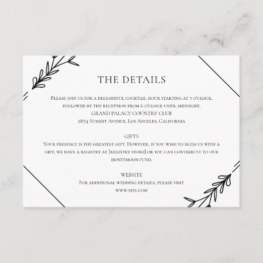 Moderne minimalistische zwarte en witte bruiloft informatiekaartje (Voorkant)