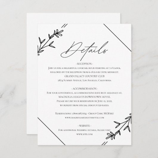 Moderne minimalistische zwarte en witte bruiloft informatiekaartje (Voorkant / Achterkant)