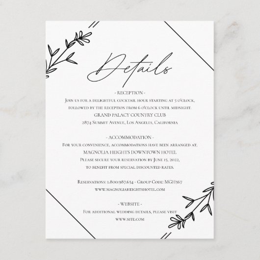 Moderne minimalistische zwarte en witte bruiloft informatiekaartje (Voorkant)