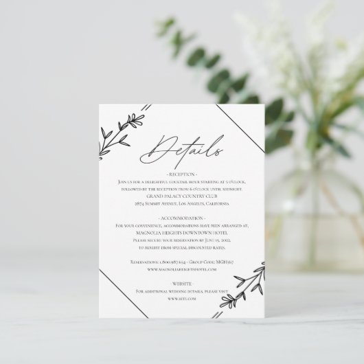 Moderne minimalistische zwarte en witte bruiloft informatiekaartje (Staand voorkant)