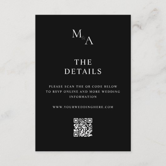 Moderne minimalistische zwarte en witte bruiloft informatiekaartje (Voorkant)