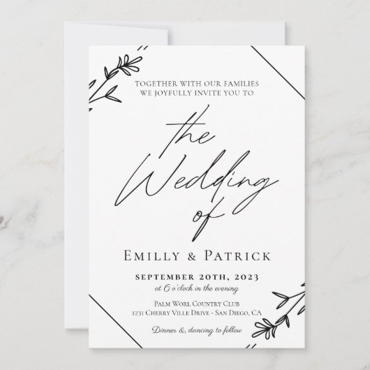 Moderne minimalistische zwarte en witte bruiloft kaart (Voorkant)