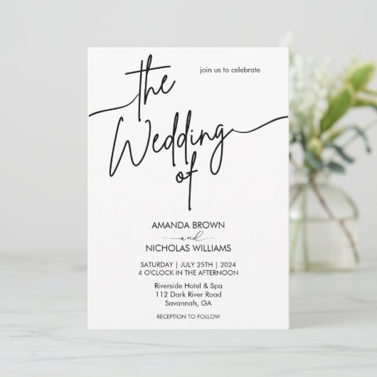 Moderne minimalistische zwarte en witte bruiloft kaart (Staand voorkant)