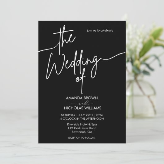 Moderne minimalistische zwarte en witte bruiloft kaart (Staand voorkant)