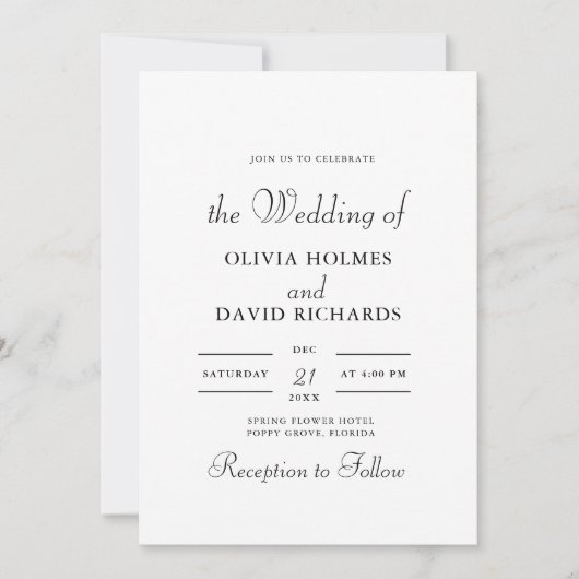 Moderne minimalistische zwarte en witte bruiloft kaart (Voorkant)