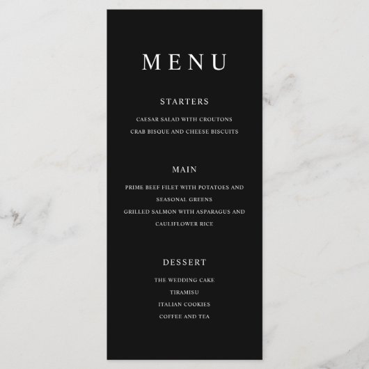 Moderne minimalistische zwarte en witte bruiloft menu (Voorkant)