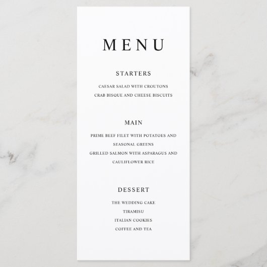 Moderne minimalistische zwarte en witte bruiloft menu (Voorkant)