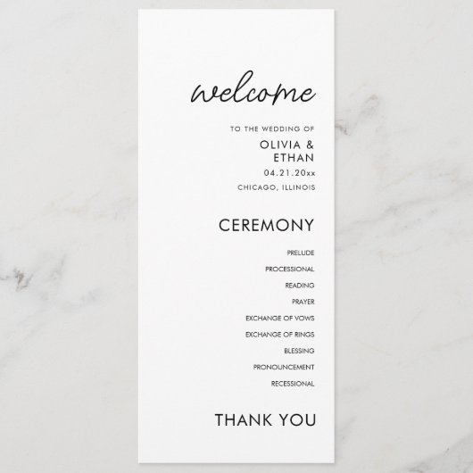 Moderne minimalistische zwarte en witte bruiloft programmakaart (Voorkant)