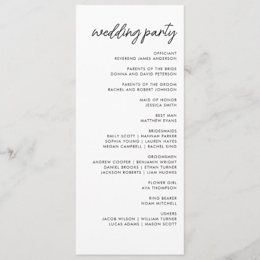 Moderne minimalistische zwarte en witte bruiloft programmakaart (Achterkant)