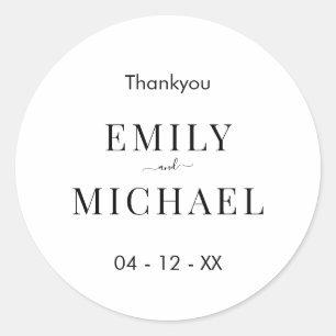 Moderne minimalistische zwarte en witte bruiloft ronde sticker