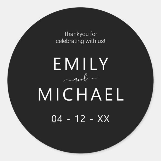 Moderne minimalistische zwarte en witte bruiloft ronde sticker (Voorkant)