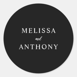 Moderne minimalistische zwarte en witte bruiloft ronde sticker