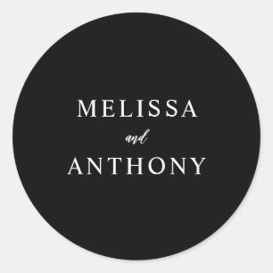 Moderne minimalistische zwarte en witte bruiloft ronde sticker