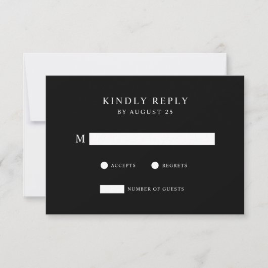Moderne minimalistische zwarte en witte bruiloft RSVP kaartje (Voorkant)