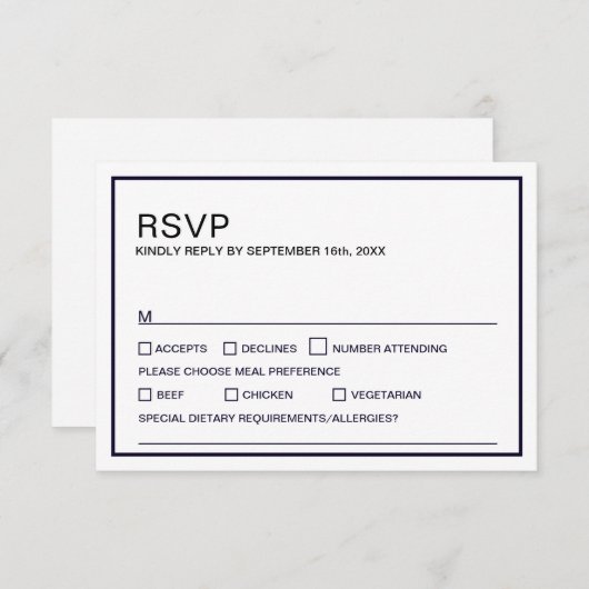 Moderne minimalistische zwarte en witte bruiloft RSVP kaartje (Voorkant / Achterkant)