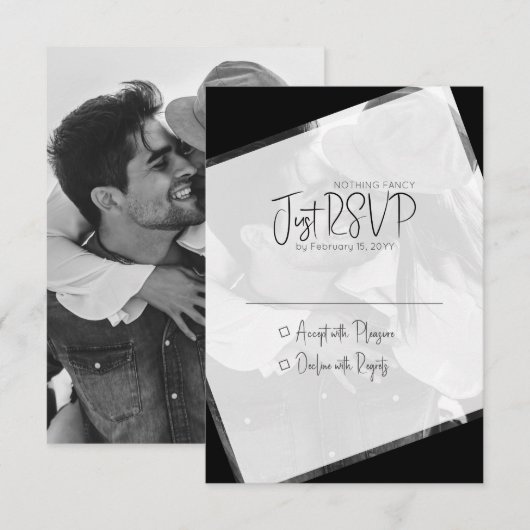 Moderne minimalistische zwarte en witte bruiloft RSVP kaartje (Voorkant / Achterkant)