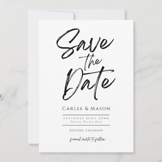 Moderne minimalistische zwarte en witte bruiloft save the date (Voorkant)